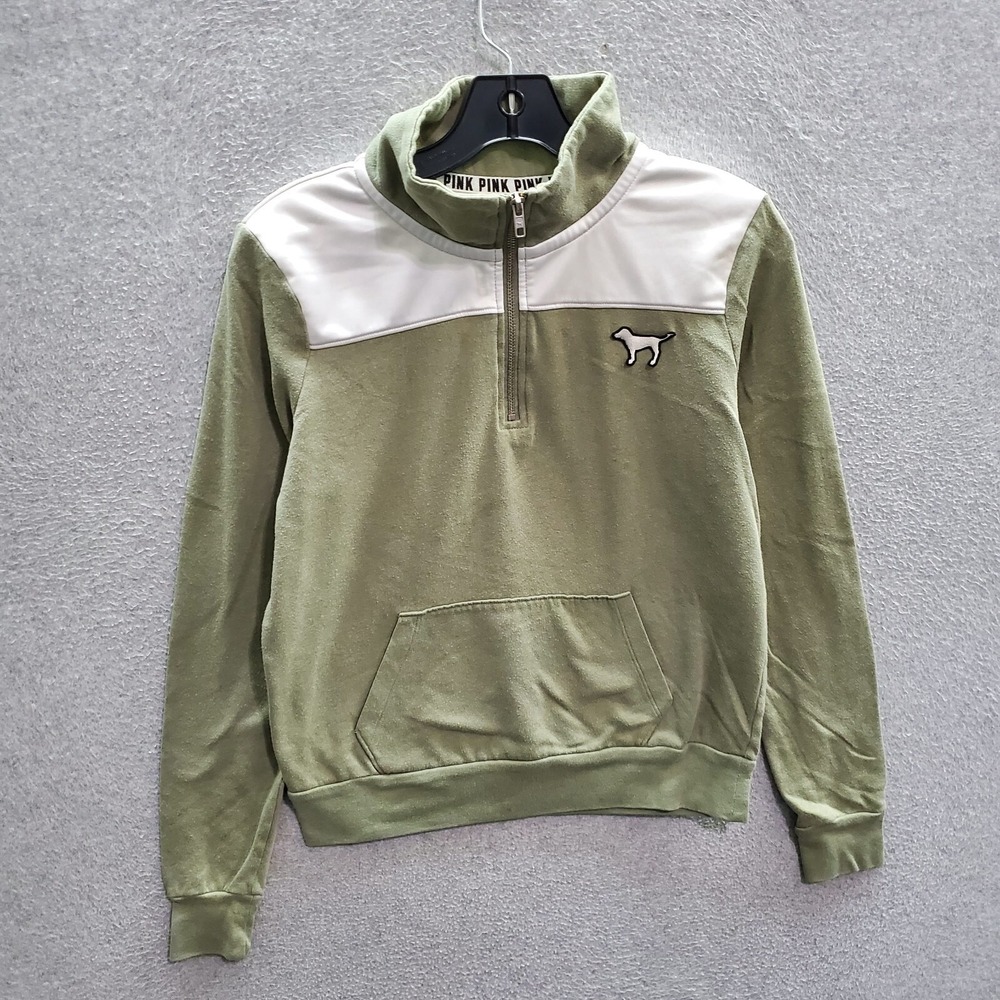 PINK Victoria's Secret Women Sweatshirt XS Green Logo 1/4 Zip Pullover